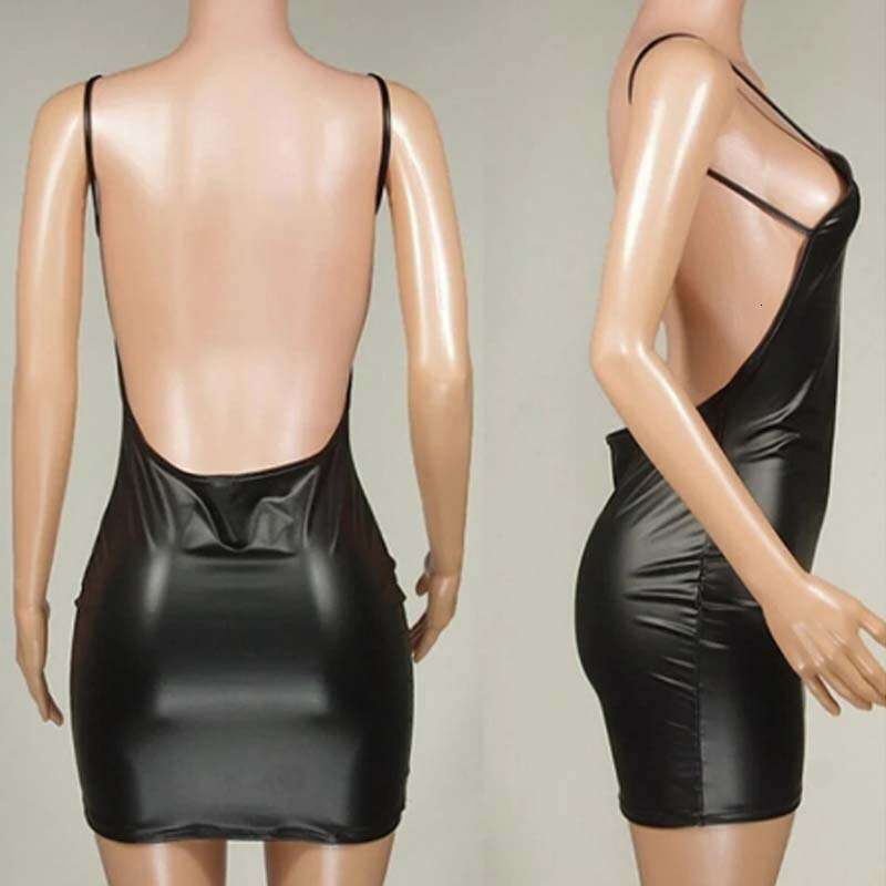 Women Clothes Dress New Hanging Strap Wrap Hip Dress Black Sexy Lacquer Short Skirt Open Back KQ