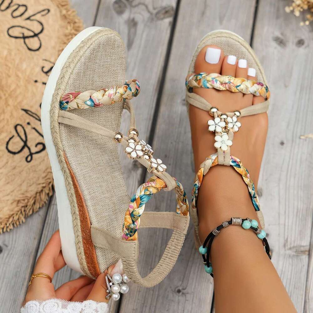 Women'S New Summer Classic Wedge Thick Sole Elevated Elastic Strap Open Toe Hollow Clear Heel Sandals For Beach Vacation