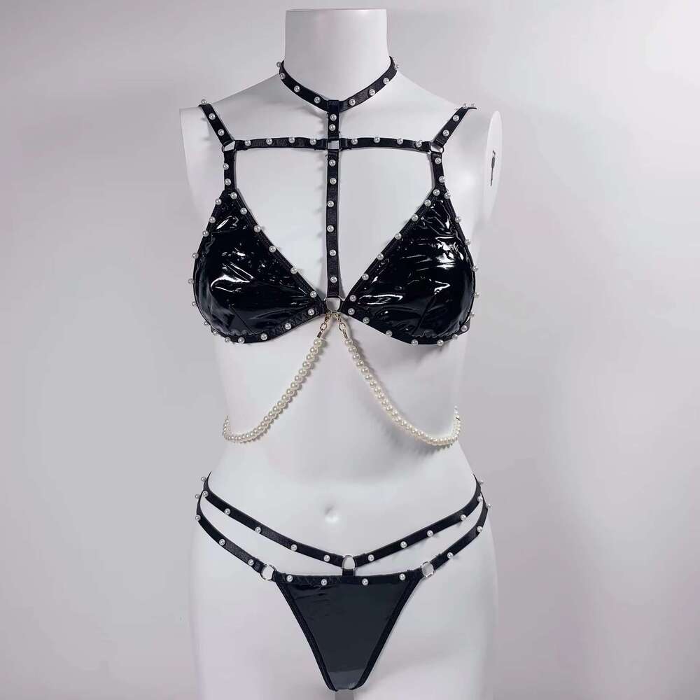 Black Patent Leather Uniform Nighty Two Pieces Set Pearl Bra & Thongs Mature Lingerie Women Sexy