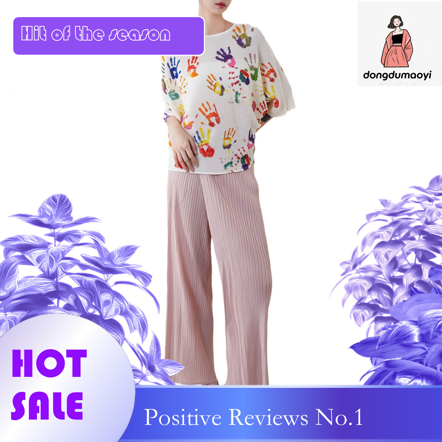 dongdumaoyi Miyake printed top, summer thin, new style, pleated, loose, flesh blocking, western-style T-shirt, round neck, batball sleeves, slim and t