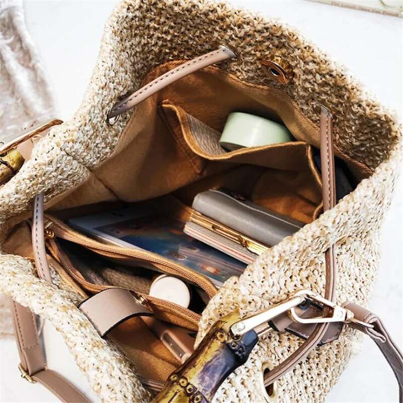 Summer Straw Handbag Women Rattan Handmade Bucket Large Capacity Shoulder Woven Messenger Hard Top-Hanlde Beach Bag