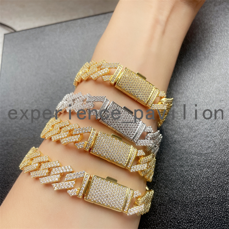 Hip Hop Jewelry 13MM Width 925 Silver 14K Gold Plated Miami Cuban Link Chain Moissanite Diamond Cuban Link Chain Bracelet