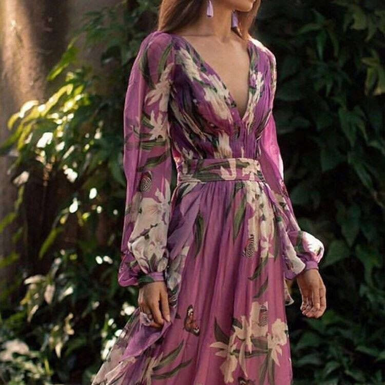2025 Summer New Printed Women's V-neck Sleeve Wind Fairy Big Swing Long Dress