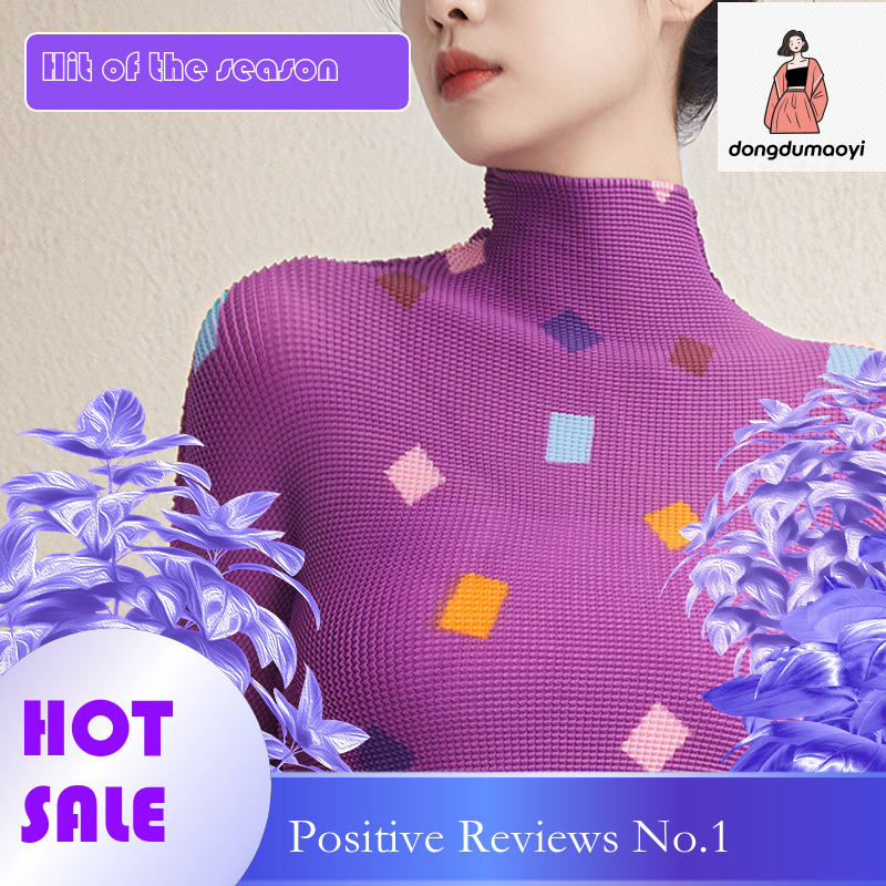 dongdumaoyi Miyake semi high neck printed top for women in spring and autumn, elastic slim fit, slimming long sleeved pleated T-shirt as base