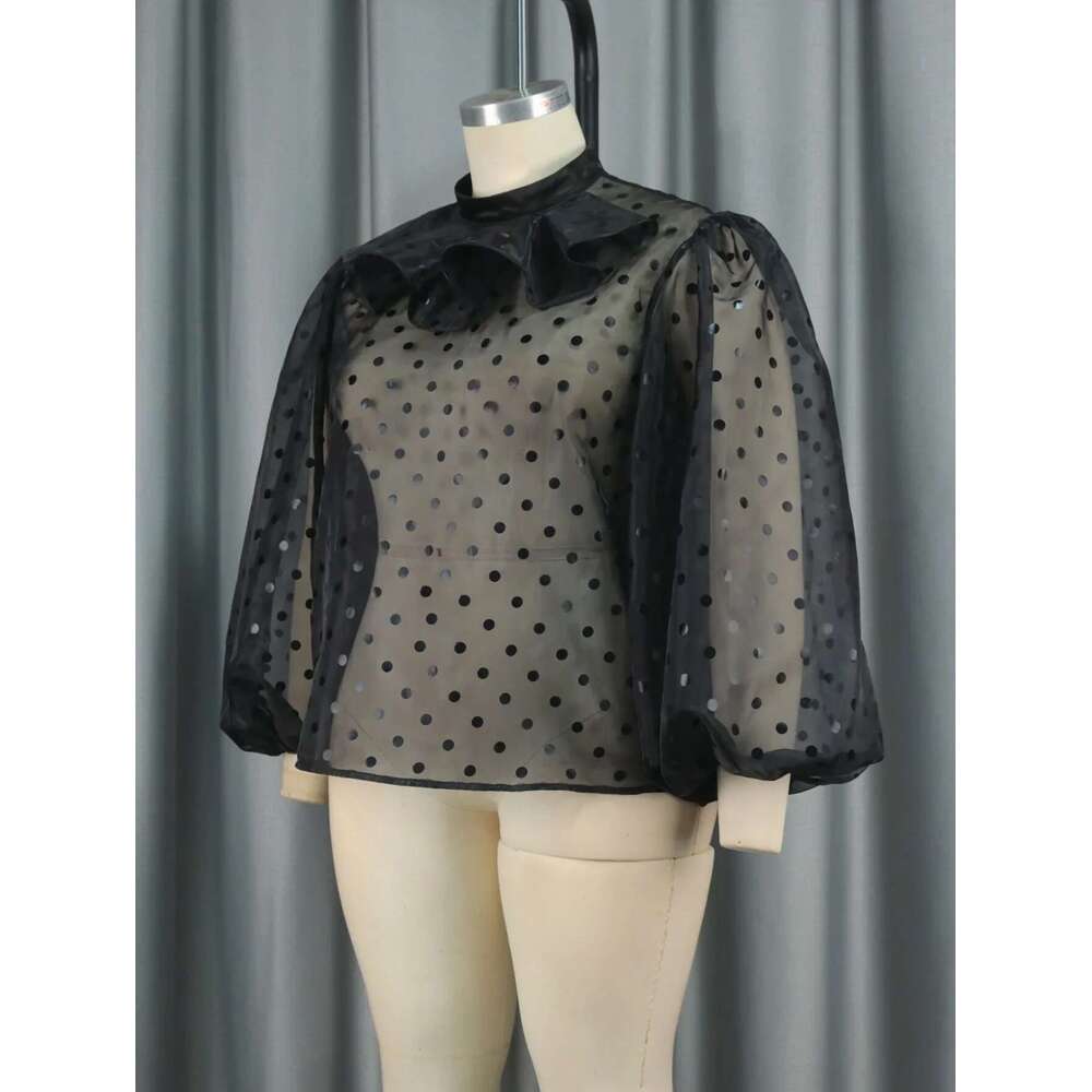 Women's Black Tulle Blouses Polka Dot Ruffles High Neck Tops Shirt Lantern Sleeve Pullover See Through Summer Clubwear Plus Size