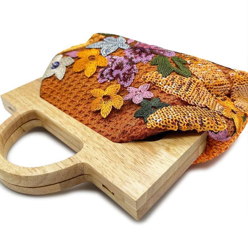 Fashion Embroidered Sequins Women Handbags Wooden Handle Chain Shoulder Crossbody Shinny Summer Beach Bag Party Clucth Purse