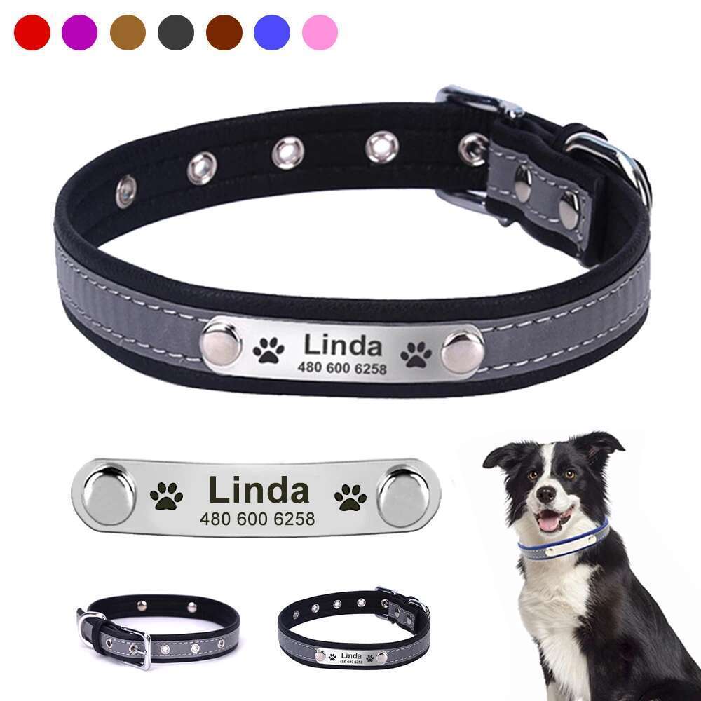 Personalized Dog Reflective Leather ID Custom Tag Engraved Collars for Small Large Dogs Puppy Collar Pet Accessories