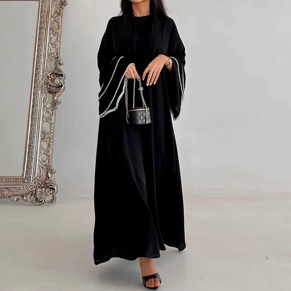 Pearl Beaded Open Kimono Abaya Women Muslim Dress Ramadan Eid Mubarak Djellaba Arab Robe Islamic Clothing Dubai Kaftan Jalabiya X250514