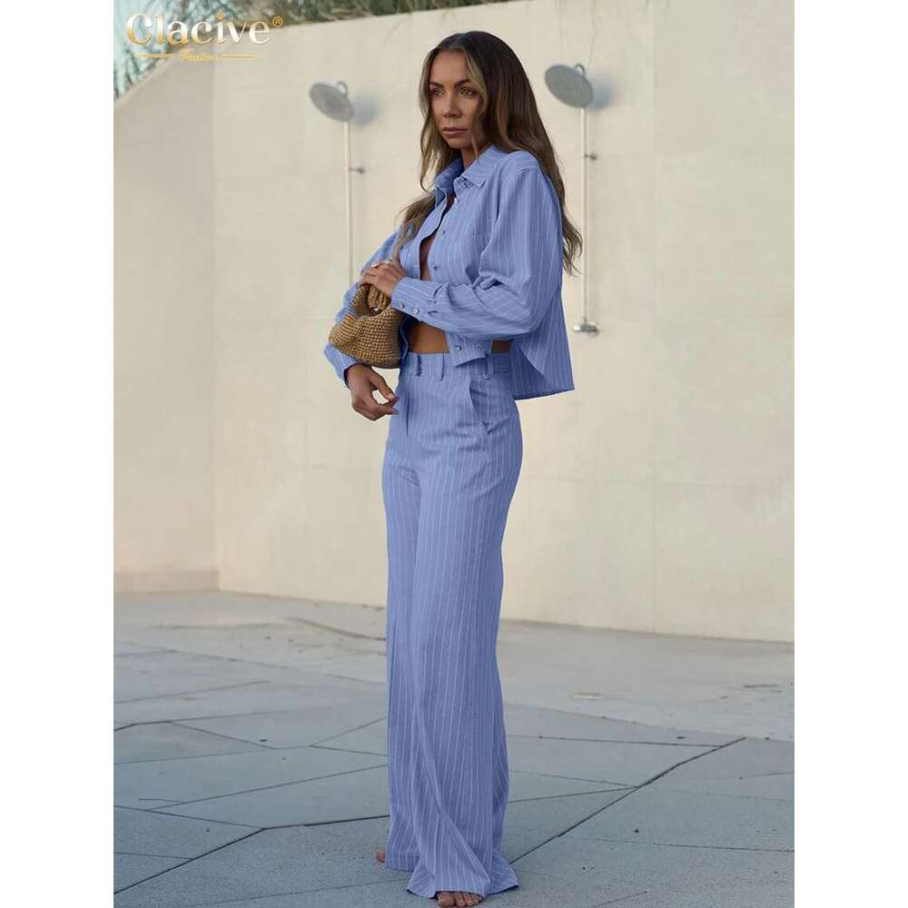 Clacive Fashion Loose Blue Stripe Cotton 2 Piece Sets Women Outfit 2025 Elegant Long Sleeve Shirt With High Waist Wide Pants Set