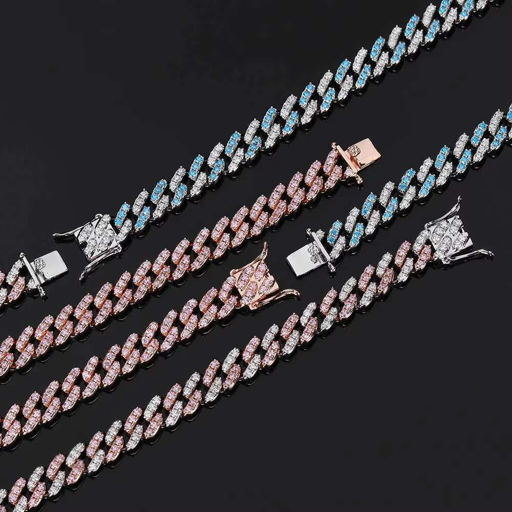 Hip hop Lced CZ 9mm Cuban chain gold-plated blue pink cubic zirconia rapper necklace star shaped pearl zircon