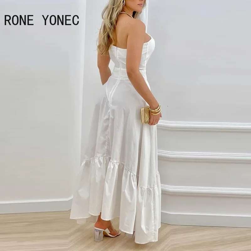 Women Solid Elegant One Shoulder Ruffle Hem Hollow Out Zipper Sexy Maxi White Dresses