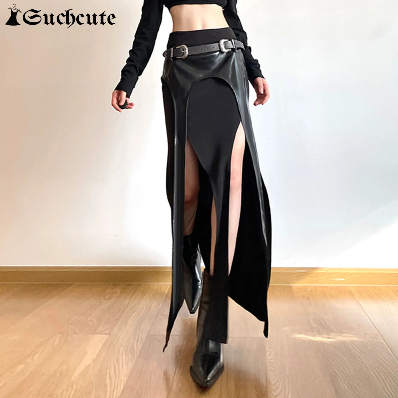 SUCHCUTE Gothic PU Belt Match Long Skirt Sexy Straight Tassel Slit Irregular Midi Punk High Waist Party Women Outfit 250514
