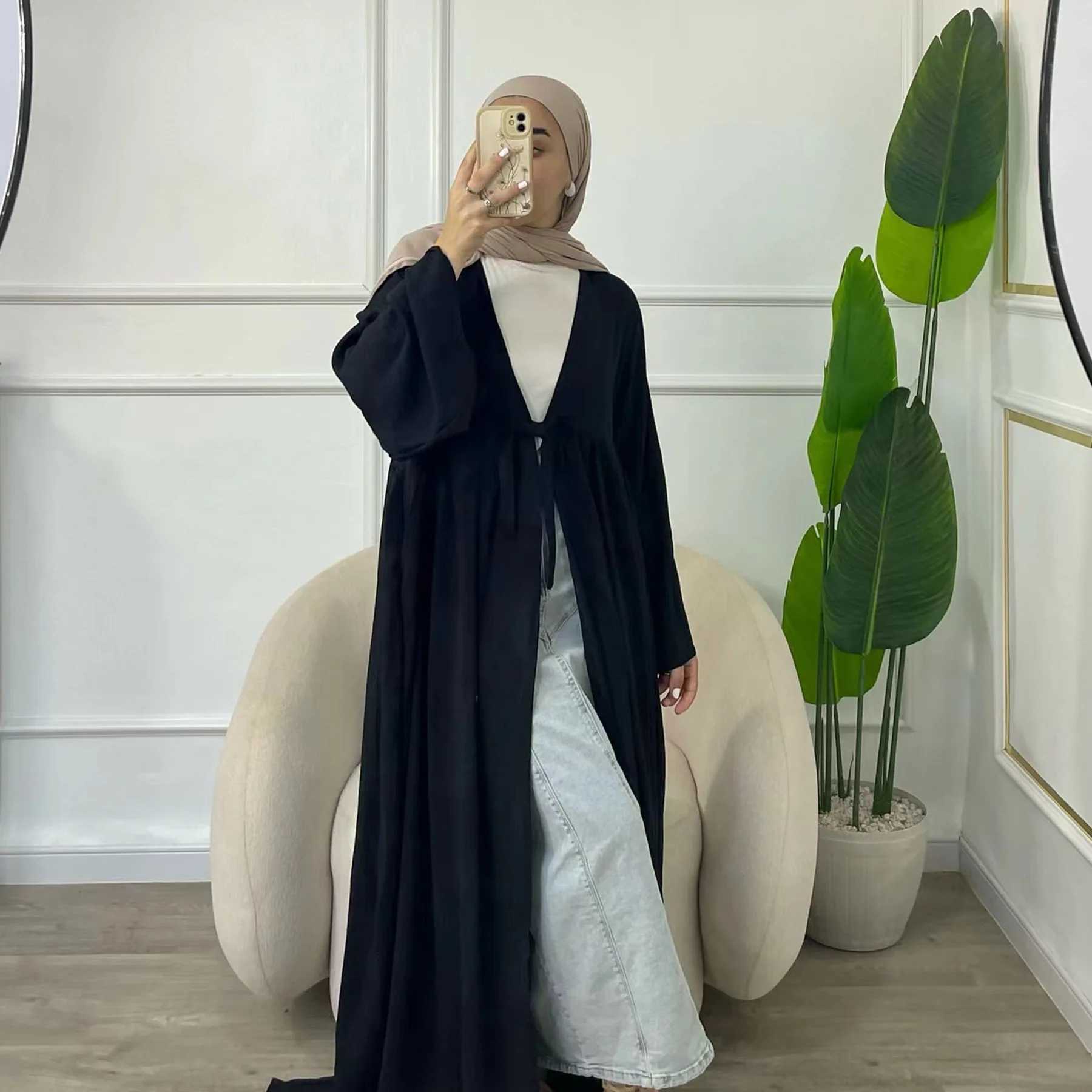 Eid Muslim Open Abaya for Women Dubai Modest Dresses Jalabiya Cardigan Robe Lace Up Islam Vestidos Ramadan Morocco Arab Kaftan X2505141