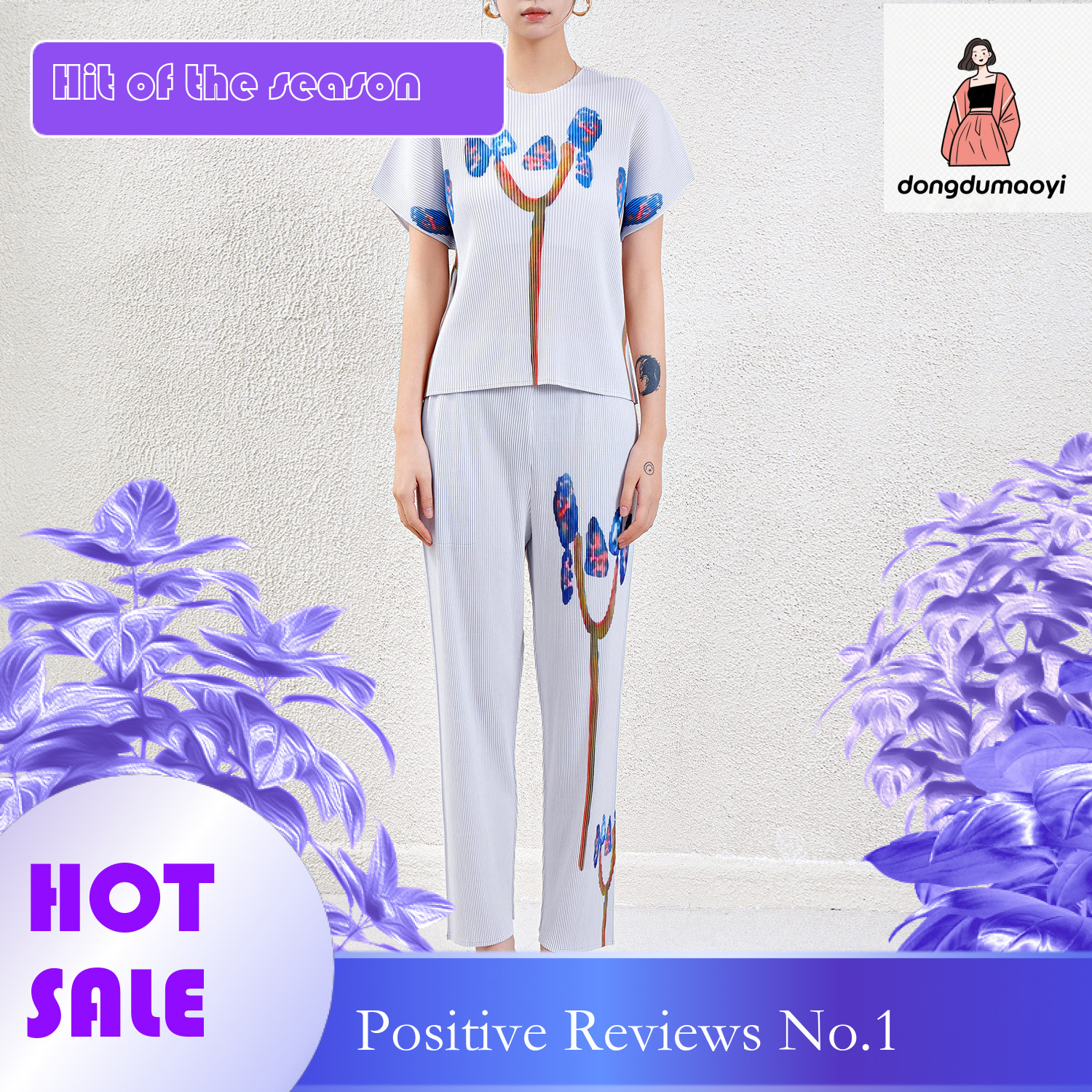 dongdumaoyi High end pleated set, summer printed short sleeved T-shirt, flowing Western style straight leg pants, stylish commuting two-piece set