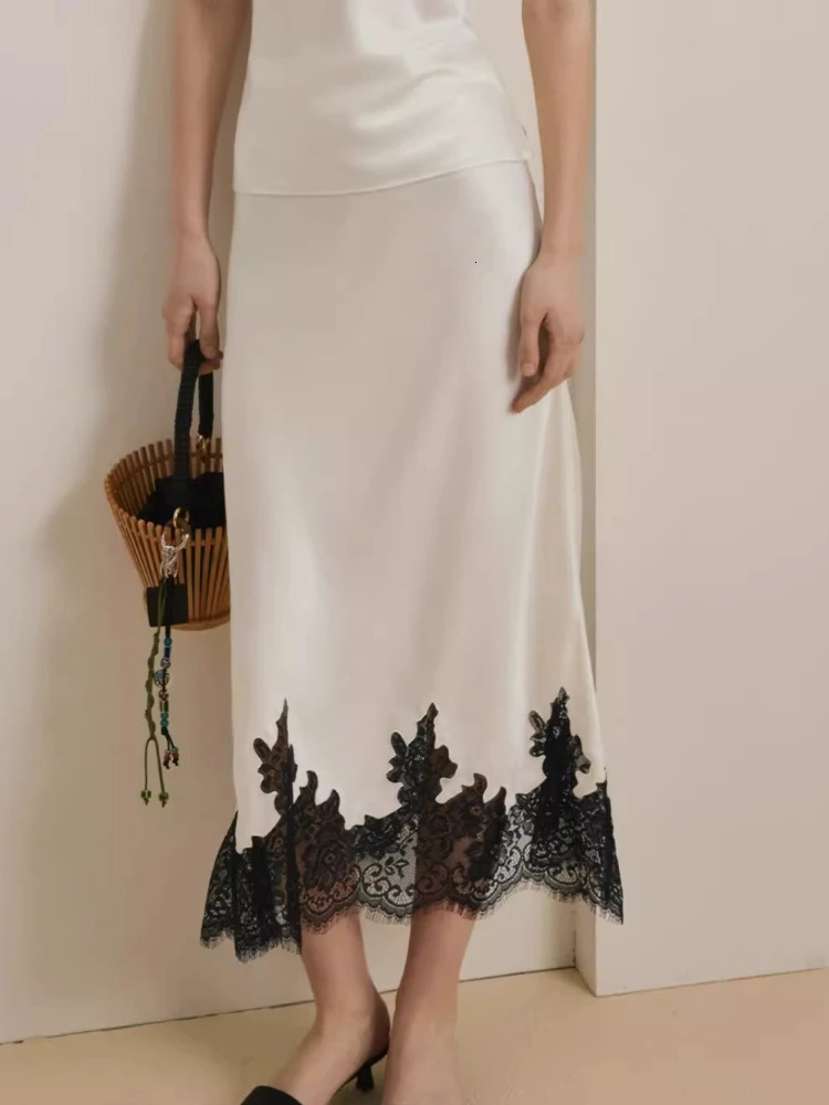 Summer Lace Patchwork Satin Midi Skirt HighQuality Elegant for Women Daily Office Vacation Wear 250514