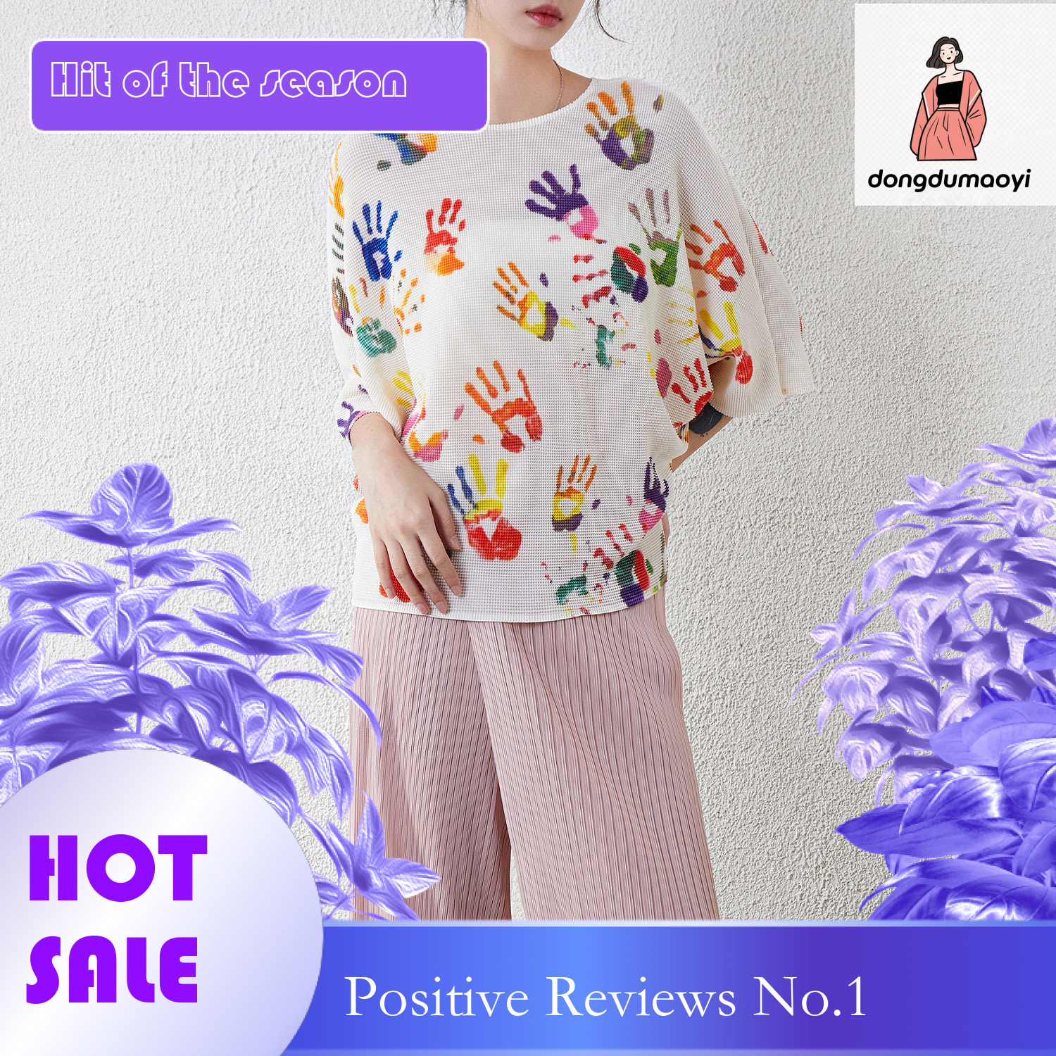 dongdumaoyi Miyake printed top, summer thin, new style, pleated, loose, flesh blocking, western-style T-shirt, round neck, batball sleeves, slim and t