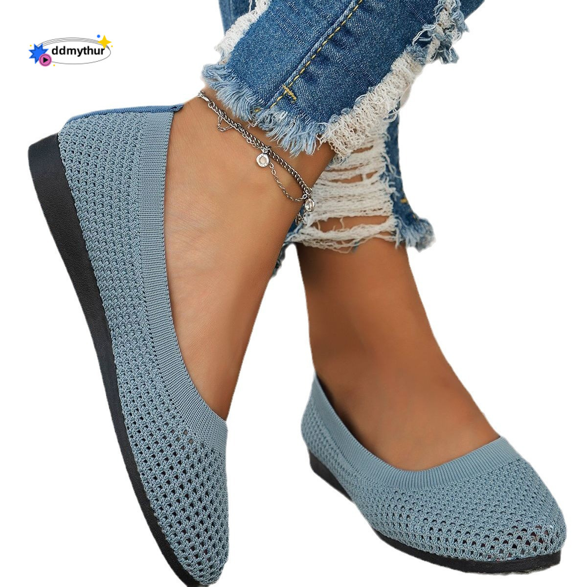 2024 Spring and Summer New Solid Color Pointed Soft soled Single Casual Breathable Women's Shoes, Hollow Knitted Shoes ddmythur