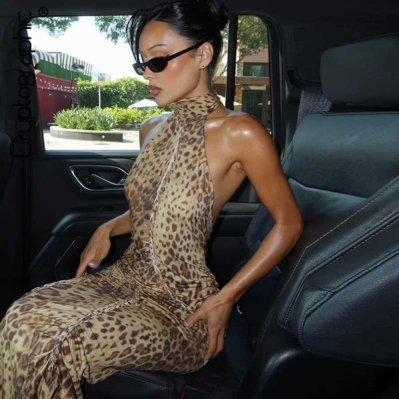 Cryptographic Fashion Halter Leopard Sexy Backless Maxi Dress Women Club Outfits Bandage Embellished Long Dresses Robe ClothesXJ250514