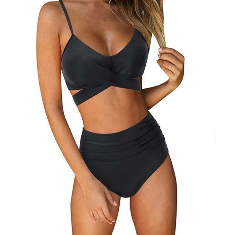 Two-Pieces Push-Up Padded Bra Bandage Bikini Set Women Criss Cross High Waisted String Floral Printed Bathing Suits