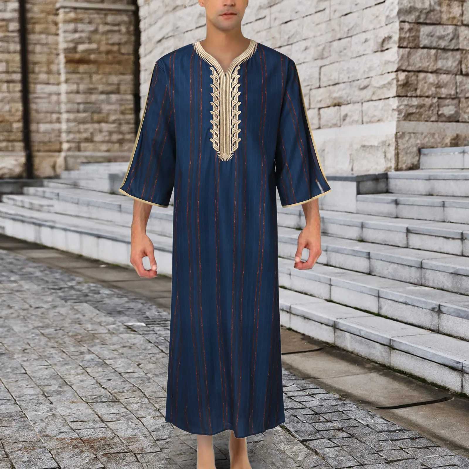 MenS Clothing Seasonal Embroidered Striped Mid-Length Sleeve Muslim Robe Striped Hand Embroidered Loose Jalaba Abaya MenS Robe X250514