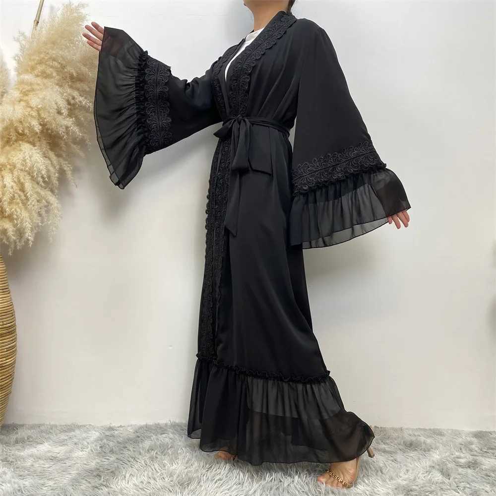 Fashion Lace Stitching Muslim Abaya Dubai Full Length Flare Slve Lace Abaya Dubai Turkey Muslim Islam Robe With Belt WY1391 X250514