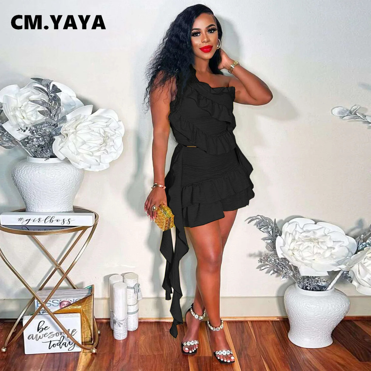 CM.YAYA Women Set Sleeveless One Shoulder Ruffles Tops and Mini Skirt Suits Sexy Cute beach Street Two 2 Piece Set Outfits 250513