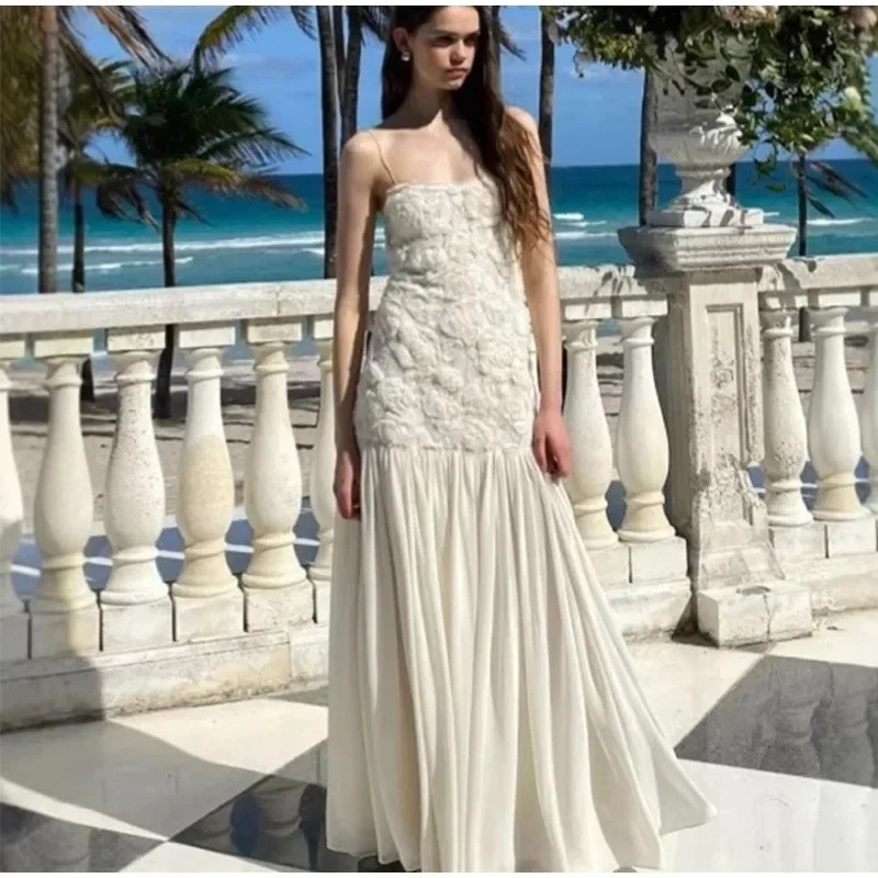 Elegant 3D Flower Long Dress For Women Fashion Patchwork Pleated Sling Party Dresses Female Backless Maxi Evening Robes 250514