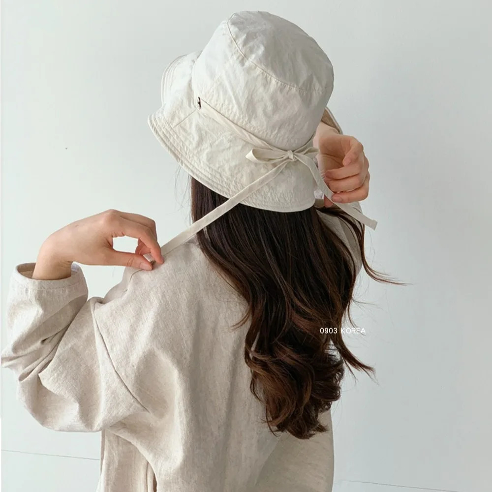 Casual Fisherman Hat Windbreak Rope Sunscreen Hat Solid Color Summer Outdoor Sunshade Basin Hat Lace-up Thin Tie Bucket Cap 250514