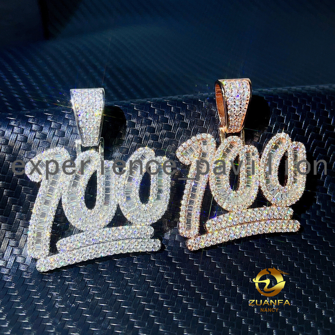 Hip Hop Jewelry Custom Charm Lucky Number 100 Pendant Baguette VVS Moissanite Pendant Iced Out Necklace