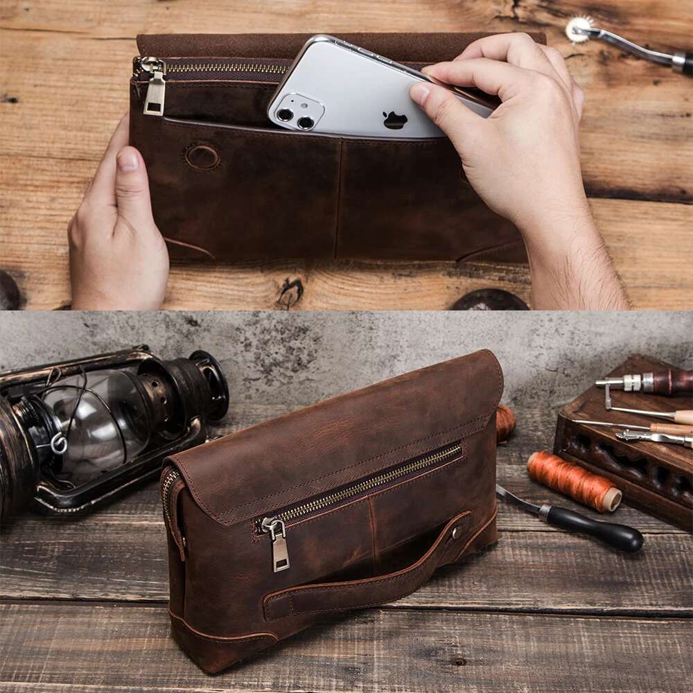 Cowhide Leather Men's Clutch iPad Mini 4 5 6 Iphone Clutches For Male Men Wallet Fashion Large Capacity Purse Gift