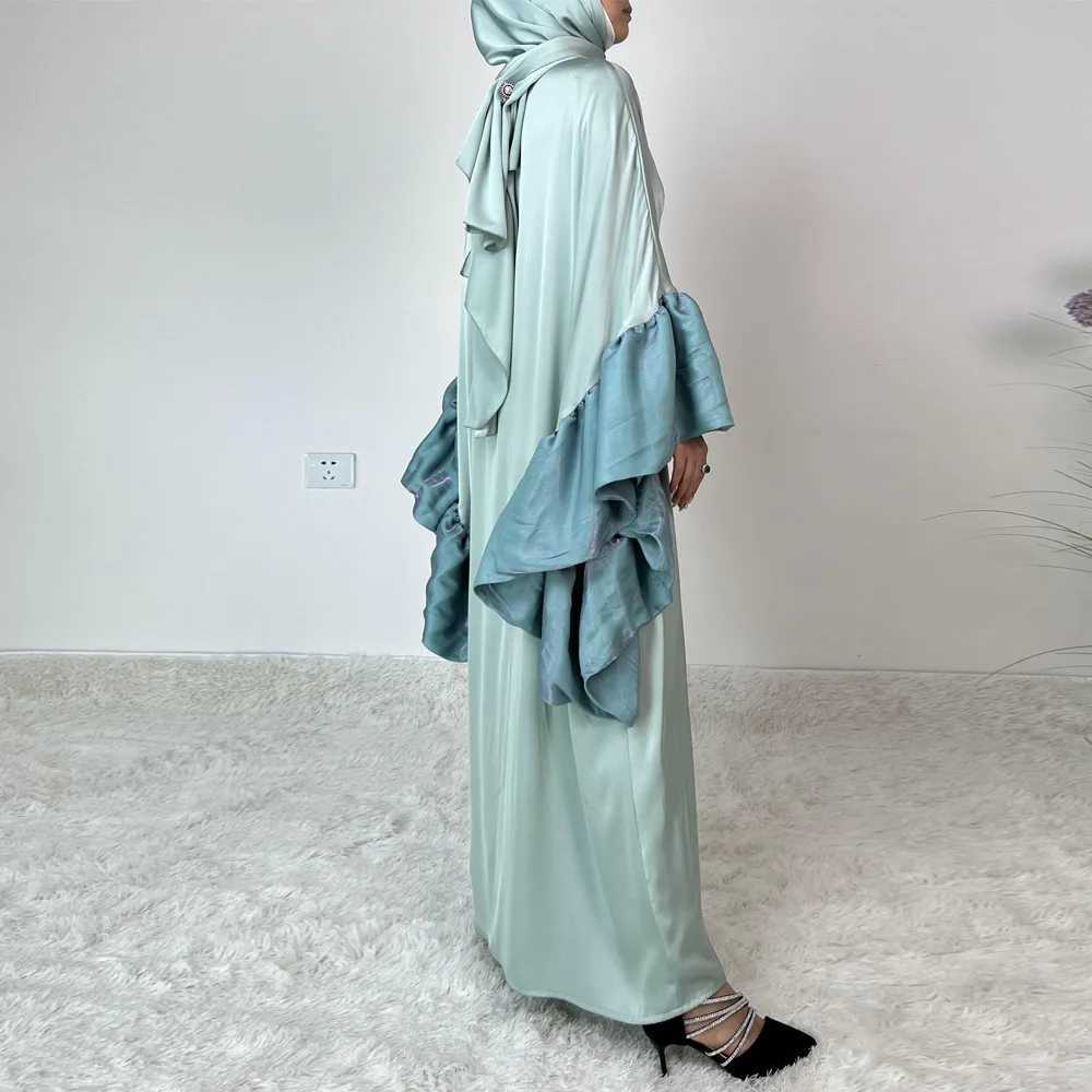 2025 Eid Muslim Abaya Dubai Elegant Ruffle Slve Evening Dresses Arab Satin Robe Moroccan Maxi Islamic Turkey Clothes Kaftan Ramadan X2505141