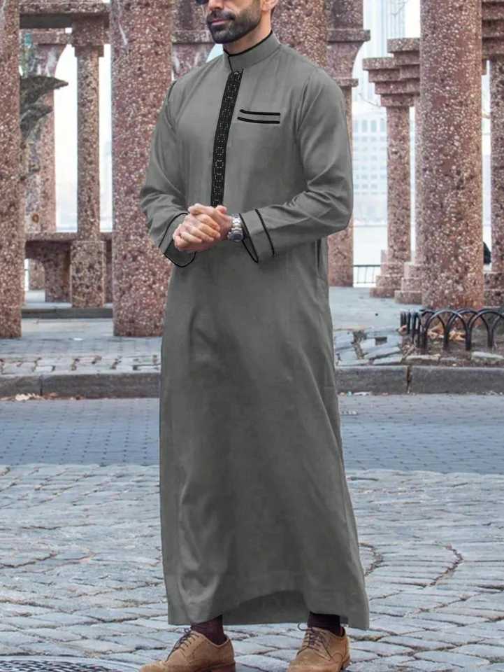Long sleeve embroidered stand collar thobe Muslim Arab mens robe X250514