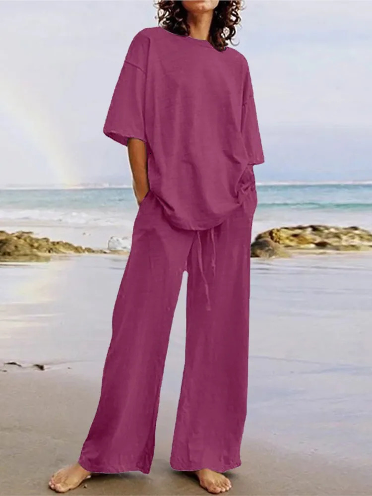 Summer Fashion Womens Two Piece Casual Belt Pocket Set Half Sleeve O-Neck Top And Strap Wide Leg Pants Set 250513