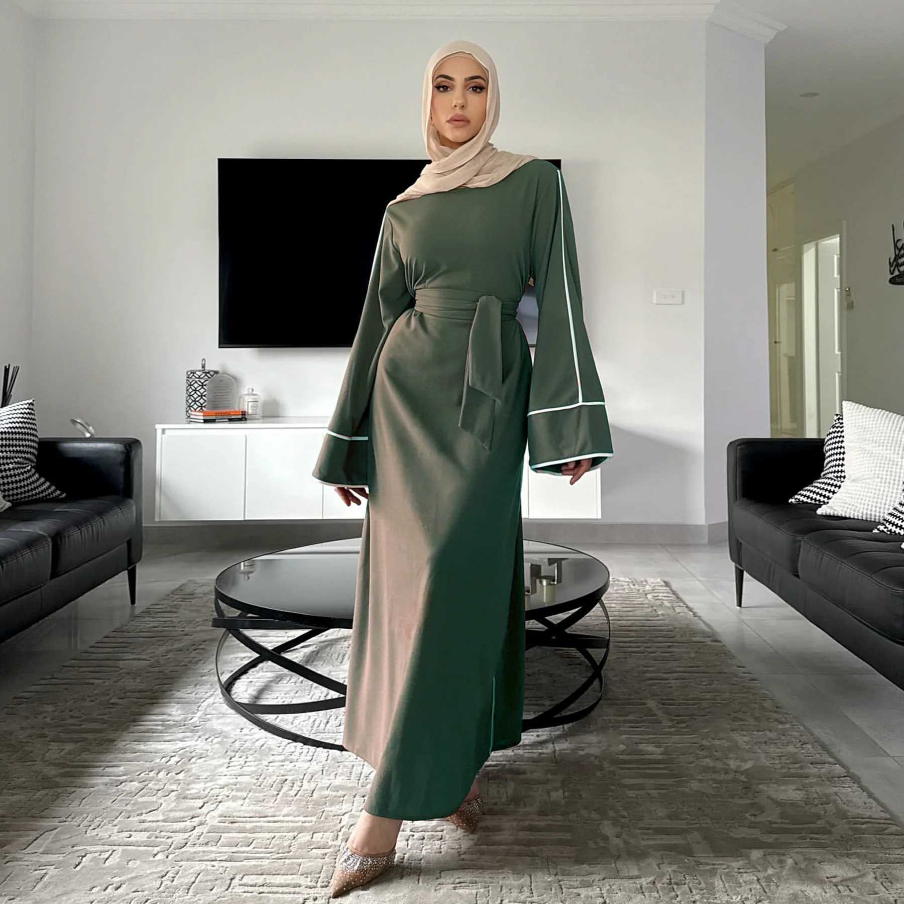 New Grn Kaftan Abaya for Muslim Wear Belted Design Catering to Islamic Modest Style during Ramadan in Saudi UAE and Daily Life X250514