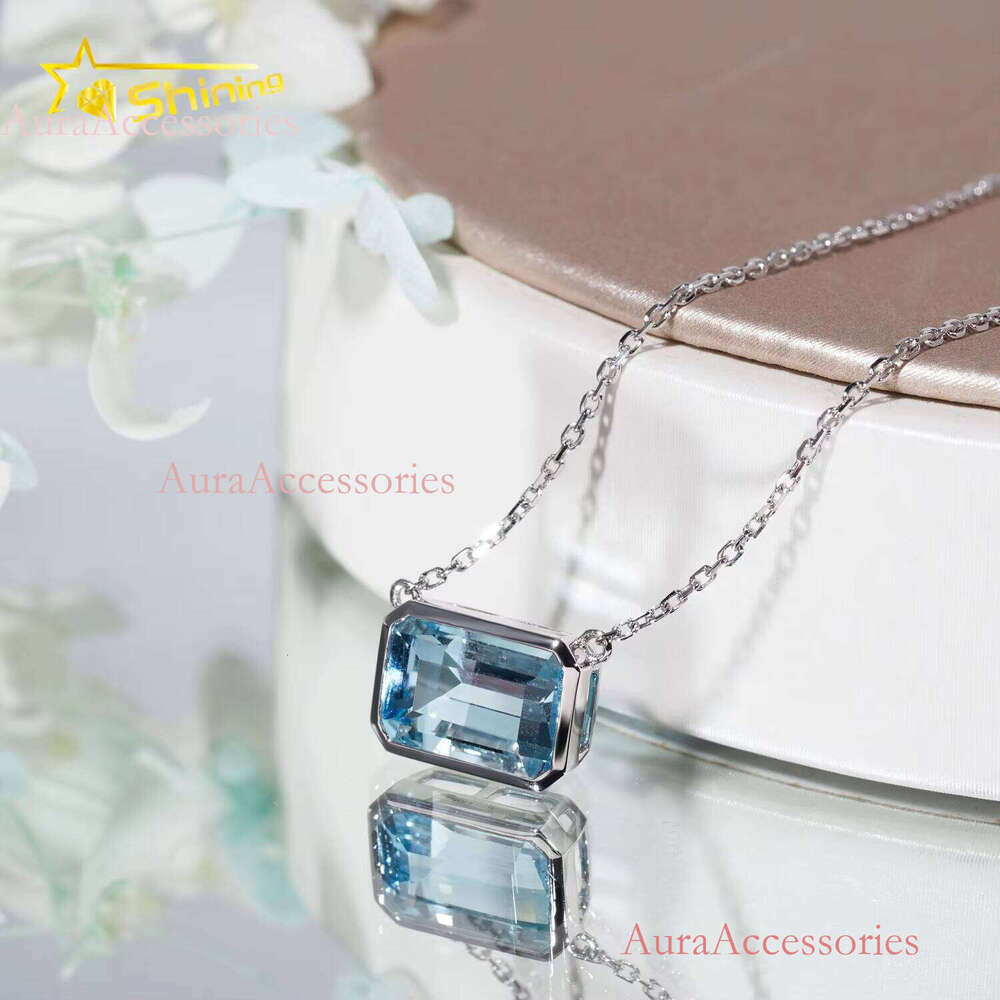 New Design Real Fine Jewelry Emerald Cut Lab Sapphire Custom Ladies Gold Pendant Necklace