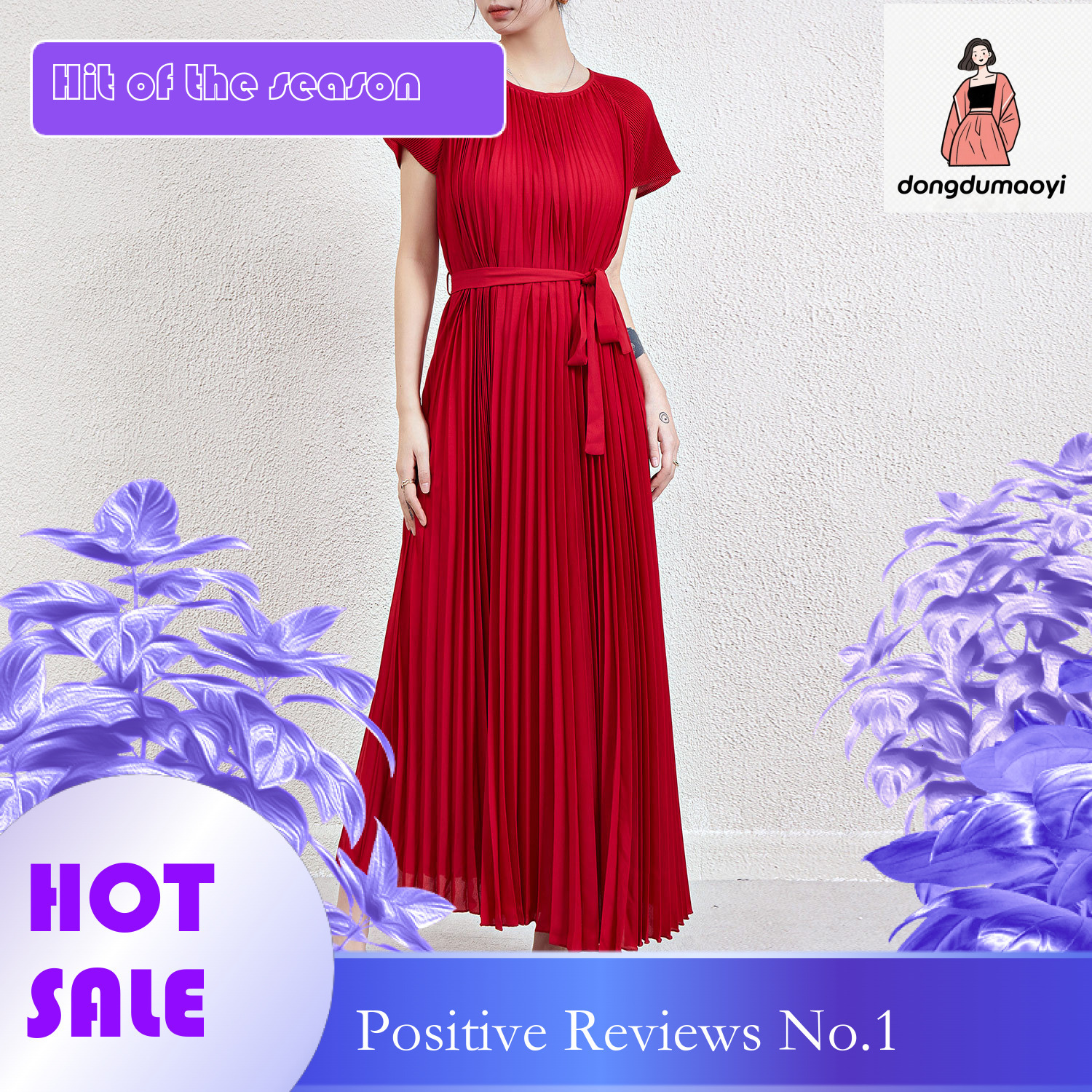 dongdumaoyi Summer haute couture dress heavy duty pleated loose plump with a slimming temperament and age reducing lace up long skirt