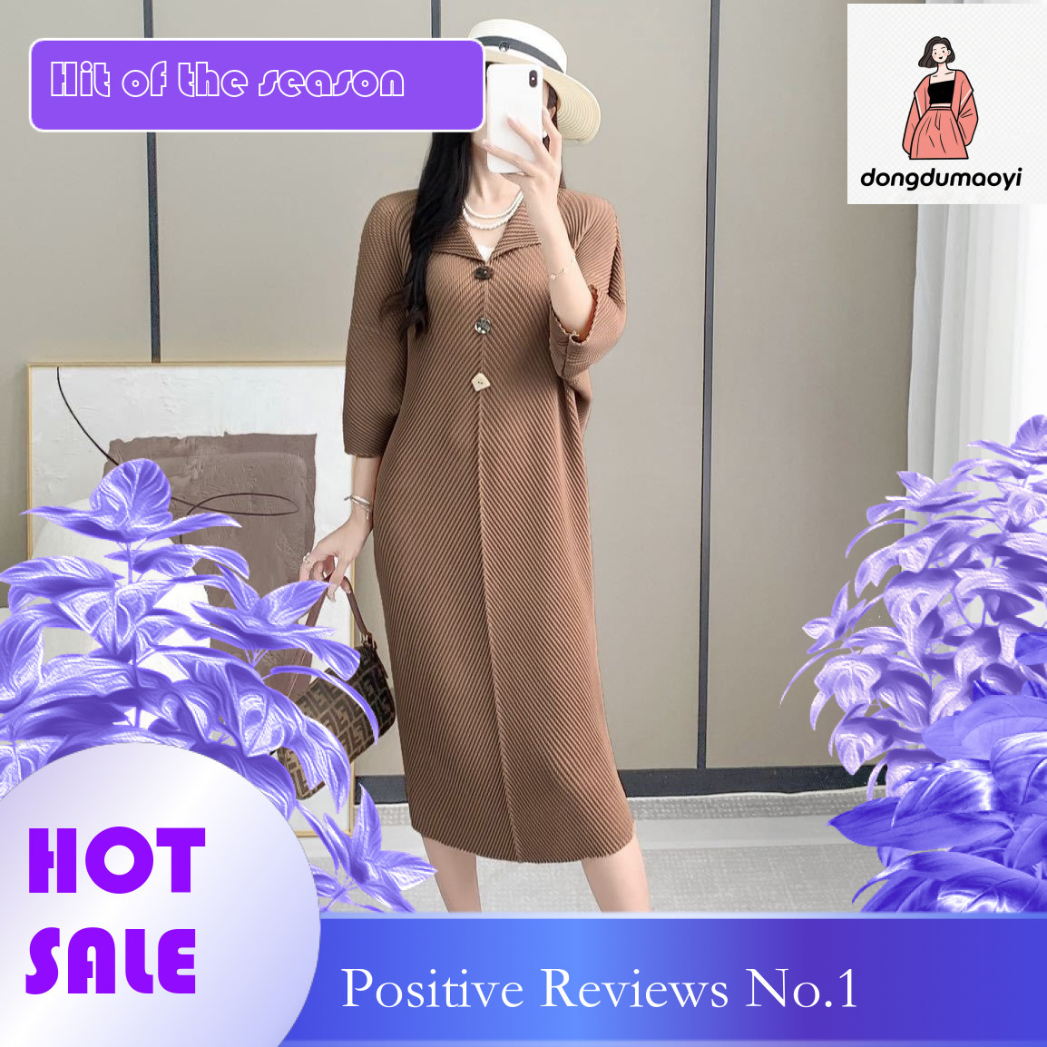 dongdumaoyi Miyake V neck pleated dress for autumn new style with loose three quarter sleeves and oversized temperament mid length skirt children s ou