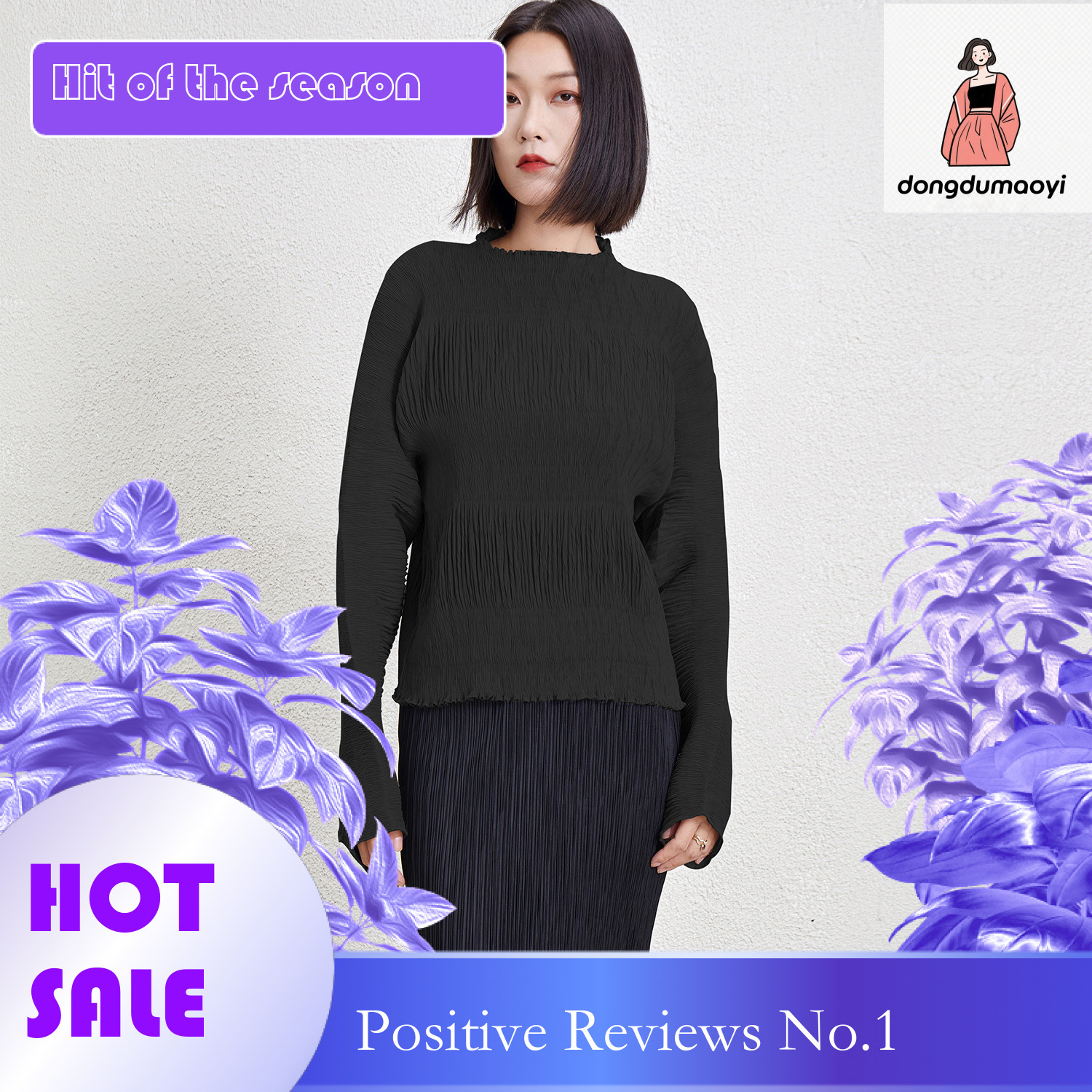 dongdumaoyi Lazy elegant small shirt with loose fit design, Miyake autumn and winter new style long sleeved T-shirt round neck pleated sweatshirt for 
