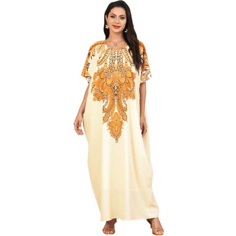 Morocco Summer Loose Kaftan Women Muslim Print Short Slve Maxi Dress Dubai Abaya Turkey Caftan Marocain Femme Robe Vestidos X250514