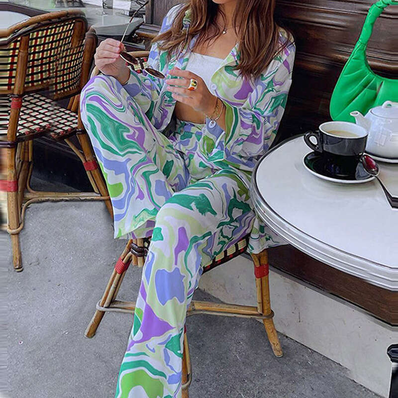 2025 New Street Loose Printed Shirt Long Sleeve Fashion Casual Womens Two Piece Set Show Thinness Washable Long Temperament Solid New Arrival New Prod
