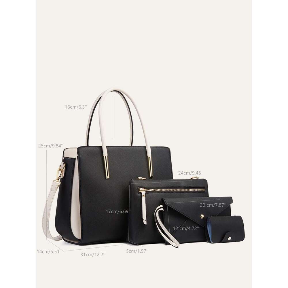 4 PCS Bag Sets Chic Black&White PU Vegan Leather Patchwork Women Tote Cross Body Square Handbag Flap Envelope Purse Card Holders
