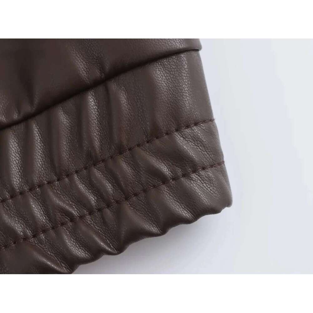 TRAFZA 2024 Autumn Winter Streetwear Faux Leather Women Jackets Fashion Vintage Spliced Zipper Turn Down Collar Chic Lady Jacket Designer