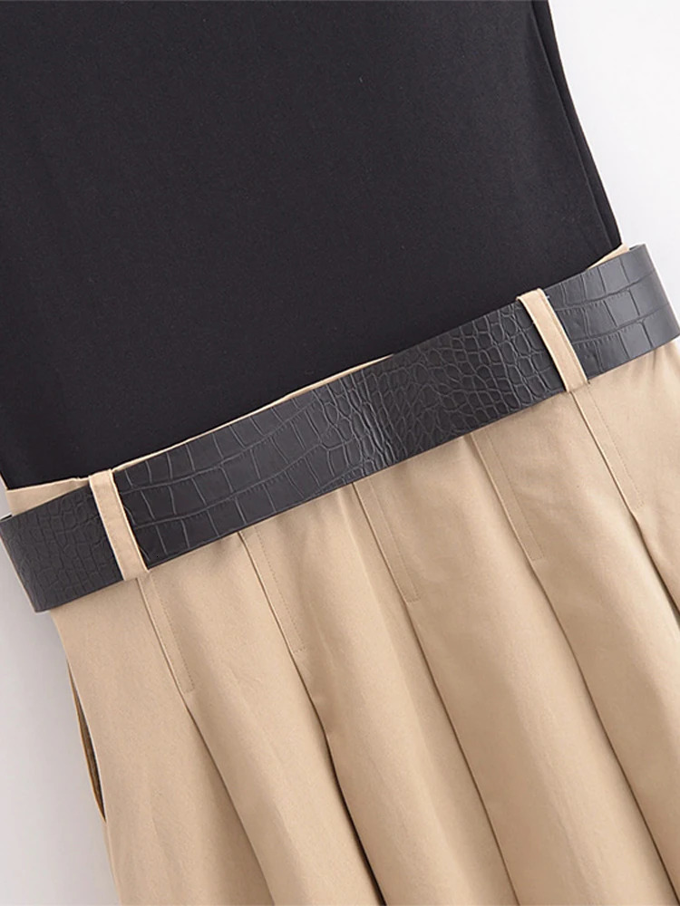 Fashion Patchwork Pleated Long Dress With Belt Women Chic Sleeveless Tank Maxi Midi Lady High Waist Holiday Party Vestidos 250514