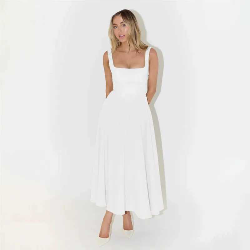 2025 Spring/Summer New Solid Navy Blue Dress Square Collar Sleeveless Waist Halter Long Dress Fashion Elegant Street Party DressXJ250514