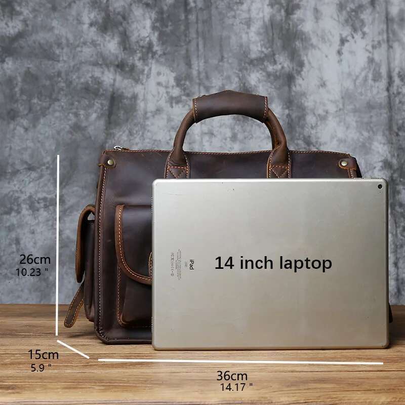 NZPJ Vintage Genuine Leather Men's Briefcase Crazy Horse Handbag Natural Cowhide Travel Casual Shoulder Crossbody Bag