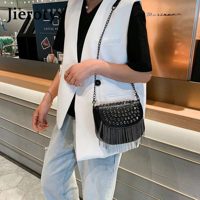 JIEROTYX Original Design Women Leather Dias Bags Sexy Rivet Shoulder Bag Lady Small Black Tassel Chains