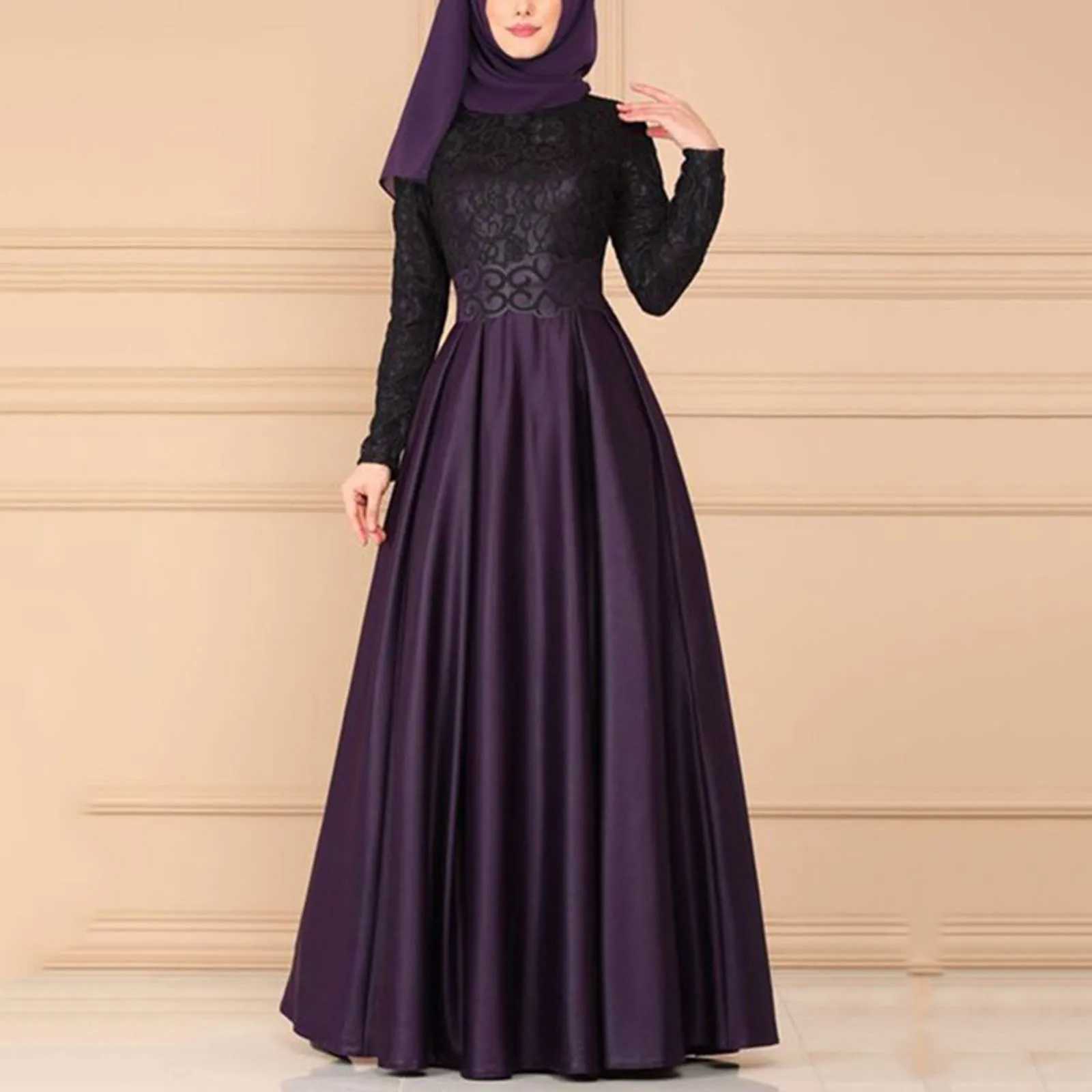 Middle East Women Luxury Muslim Dress Lace Patchwork Round Neck Large Swing Robe Womens Islamic Clothing Kaftan Prayer Abaya X250514
