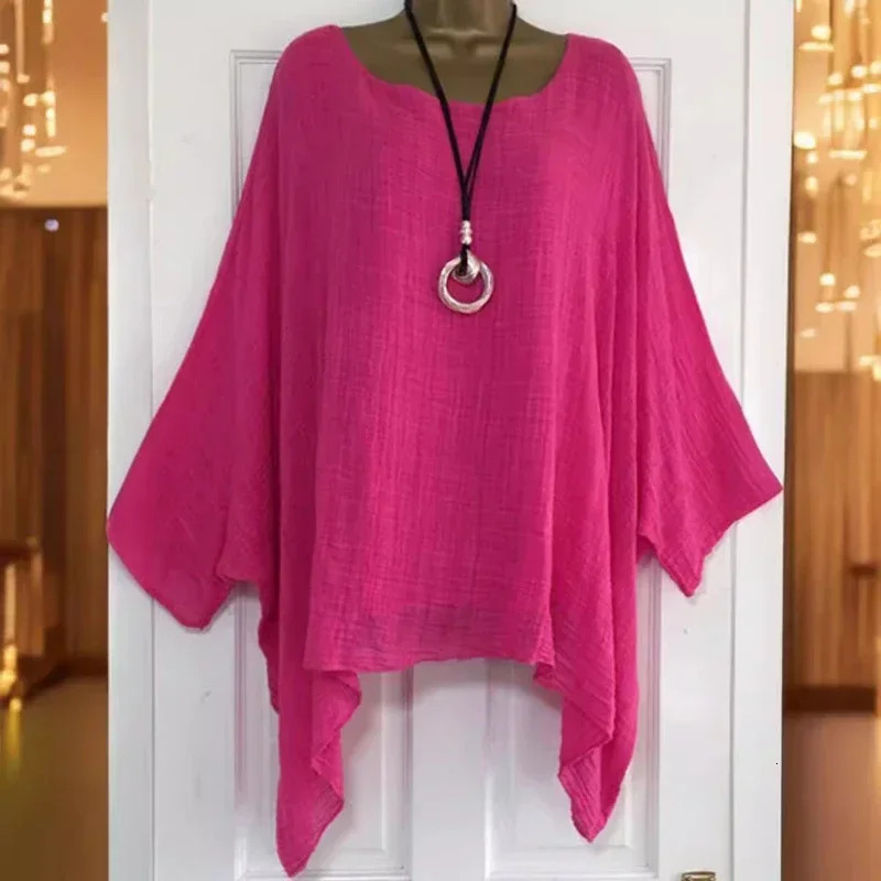 Womens tshirts Plus Size 5XL TShirt Linen O Neck Casual Loose Shirt Summer Autumn Solid Batwing Long Sleeve 250514
