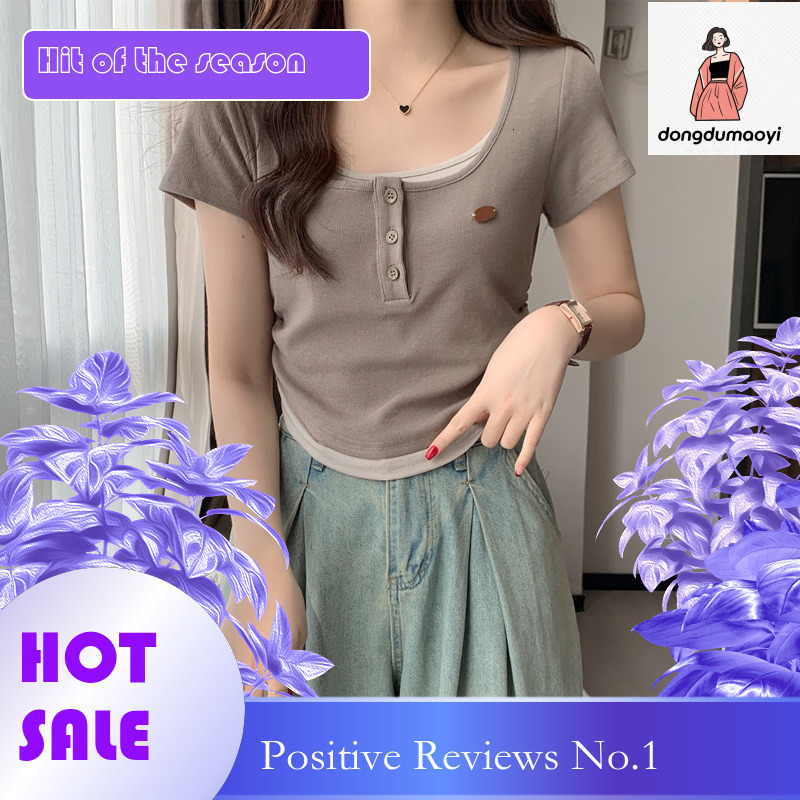 dongdumaoyi American style shoulder fake two piece sleeved T-shirt for women in summer 2025, new base small shirt, waist cinching and slimming short t