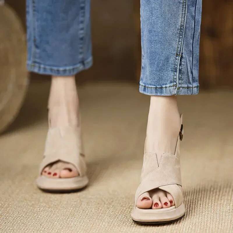 Heels Women Sandals Square Toe Thick Heeled Pumps Elegant Back Strap Black Leather Shoes 39 40 Sizes Outside